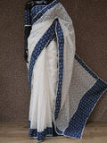 WHITE AND BLUE TEPCHI KOTA SAREE WITH INDIGO BORDERS AND BLOUSE-KIA001KTS