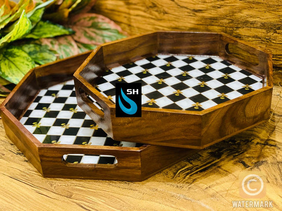 BLACK AND WHITE ELEGANT  DESIGNER  WOODEN HEXAGONA TRAY SET -ANUB001HXBW