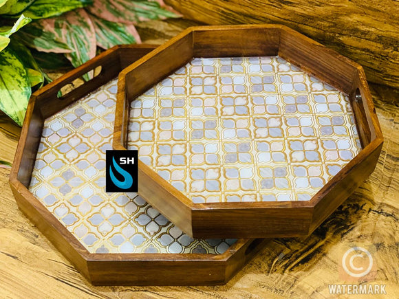GLOSSY ELEGANT  DESIGNER  WOODEN HEXAGONA TRAY SET -ANUB001HXTD