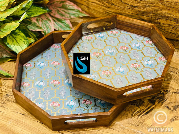 ELEGANT  DESIGNER  WOODEN HEXAGONA TRAY SET -ANUB001HXTC