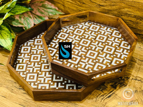 DESIGNER  WOODEN HEXAGONA TRAY SET -ANUB001HXTB