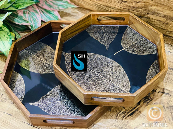 GOLDEN LEAVES DESIGN WOODEN HEXAGONA TRAY SET -ANUB001HXTA