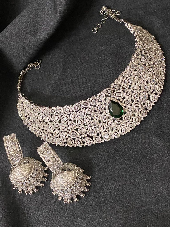 JAYARANI, ELEGANT PLATINUM FINISH  DIAMOND NECKLACE WITH BALI JUMKA FOR WOMEN -RITZ001WSNS