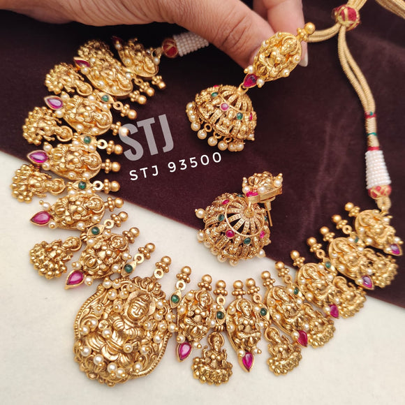 MANGALA, ELEGANT MATTE GOLD FINISH TEMPLE NECKLACE SET FOR WOMEN -LR001PKM