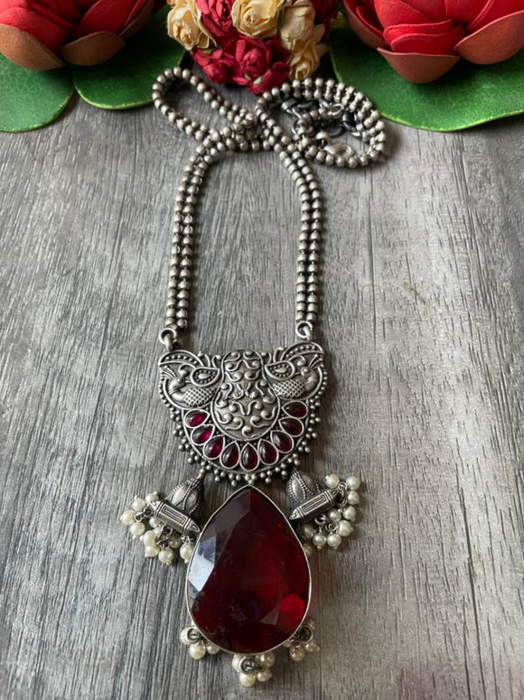 RUBY BURMESE , BEAUTIFUL OXIDISED  SILVER FINISH PENDANT WITH CHAIN FOR WOMEN -SARA001MNSR