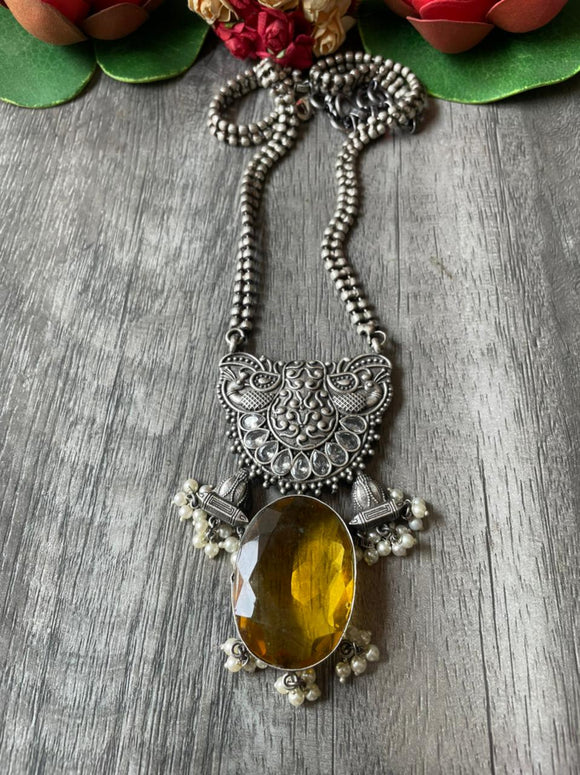 GOLDEN YELLOW BURMESE , BEAUTIFUL OXIDISED  SILVER FINISH PENDANT WITH CHAIN FOR WOMEN -SARA001MNSGY