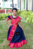 Sungudi Cotton Readymade Saree Paired with Brocade Blouse with Hip Belt For Kids-SRI001MSBP