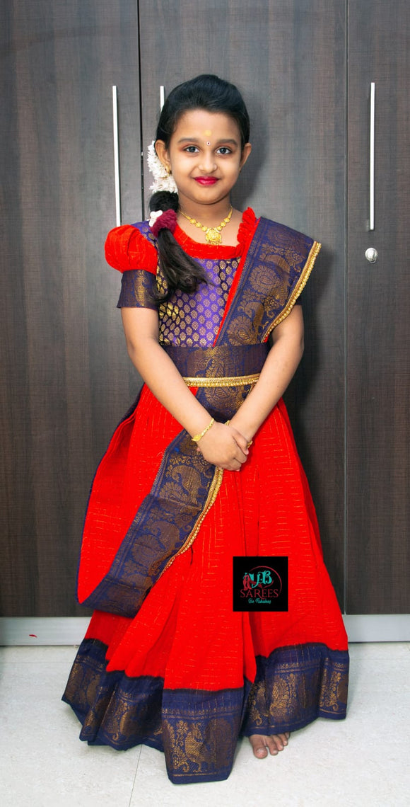 Sungudi Cotton Readymade Saree Paired with Brocade Blouse with Hip Belt For Kids-SRI001MSRB