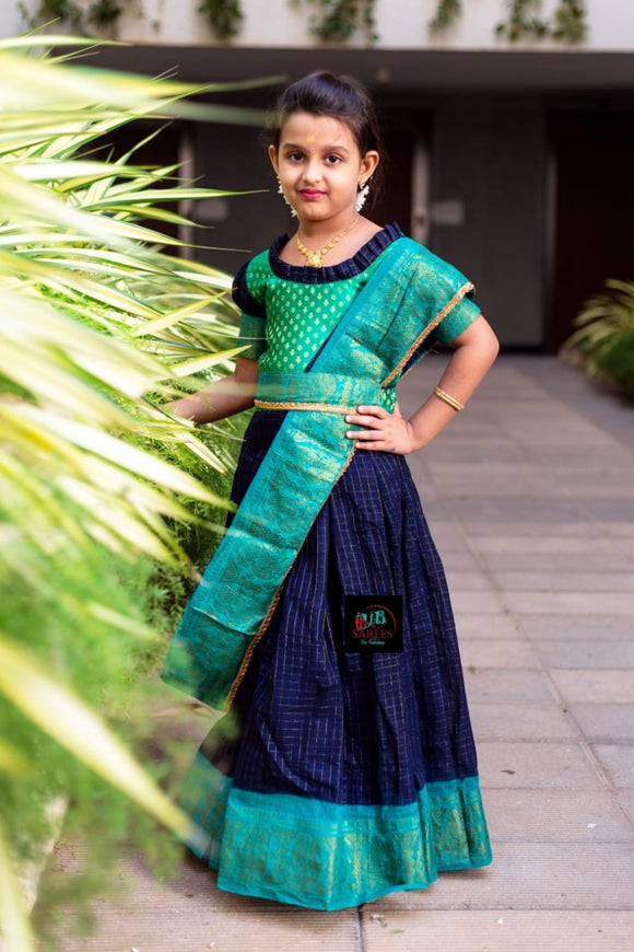 Sungudi Cotton Readymade Saree Paired with Brocade Blouse with Hip Belt For Kids-SRI001MSBL