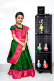 Sungudi Cotton Readymade Saree Paired with Brocade Blouse with Hip Belt For Kids-SRI001MSPG