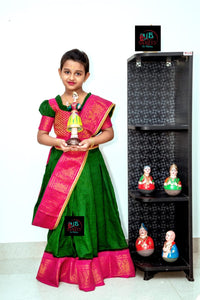 Sungudi Cotton Readymade Saree Paired with Brocade Blouse with Hip Belt For Kids-SRI001MSPG