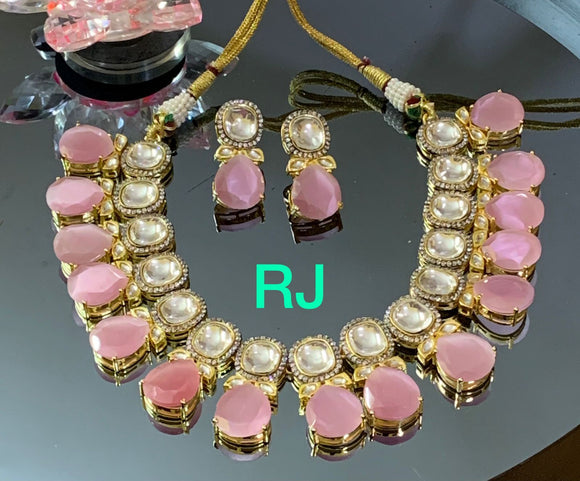 SHEEBA , ELEGANT GOLD FINISH KUNDAN NECKLACE SET WITH PASTEL PINK STONES-RITZ001KNSP
