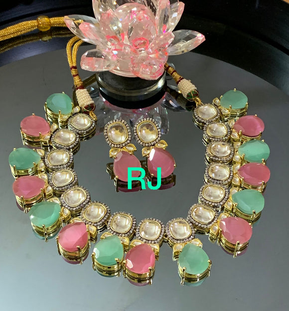 SHEEBA , ELEGANT GOLD FINISH KUNDAN NECKLACE SET WITH PASTEL GREEN AND PINK STONES-RITZ001KNPG
