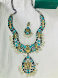 PALLAVI , BLUE STONE STUDDD GERMAN SILVER NECKLACE SET FOR WOMEN -PAL001BSNS