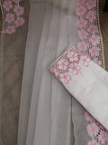 NADIYA, Pure White Organza Cutwork saree with Semi Raw Silk Blouse piece-KIA001SRSW