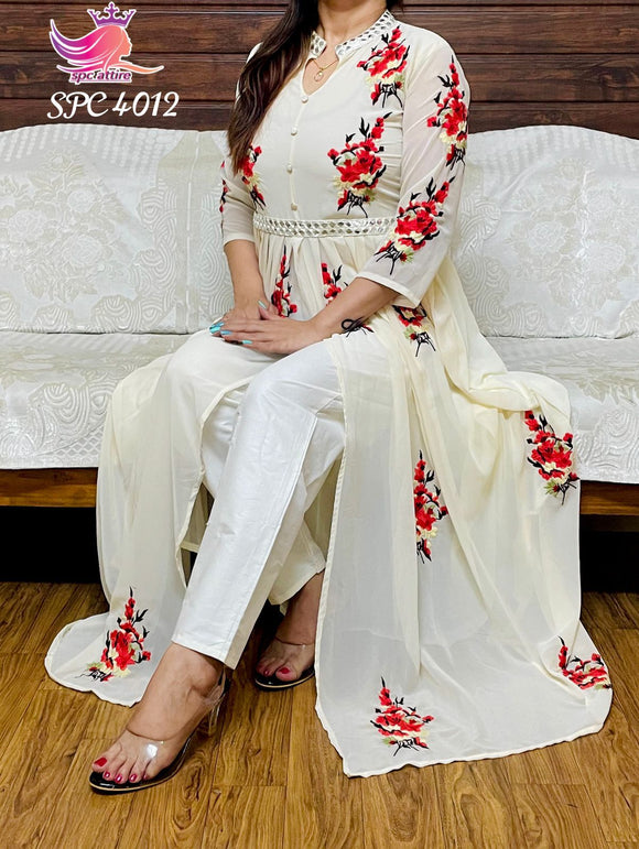 Premium georgette Gown with beautiful floral  embroidery all over & on sleeves with beautiful buttons detailing-GARI001WK