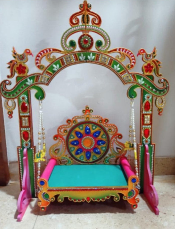 BIG SIZE DECORATED WOODEN JHULA FOR IDOL-POSH001WJ