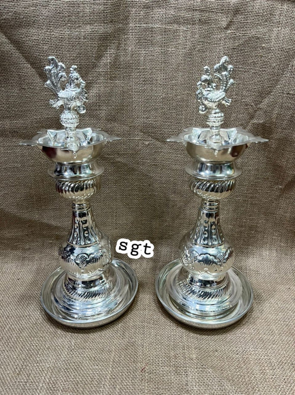 NAYANTARA, Pair of German silver washable Deepam fancy Peacock  design  with Plates-SILVI001PLS