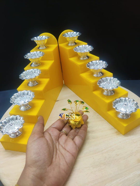 PALLAVI , YELLOW ACRYLIC STEPS WITH  10 GERMAN SILVER DIYAS AND TULSI TREE -CRZ001YP