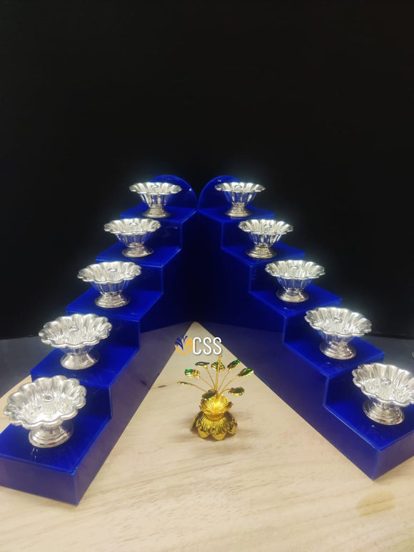 SARITA, BLUE ACRYLIC STEPS WITH  10 GERMAN SILVER DIYAS AND TULSI TREE -CRZ001BLS