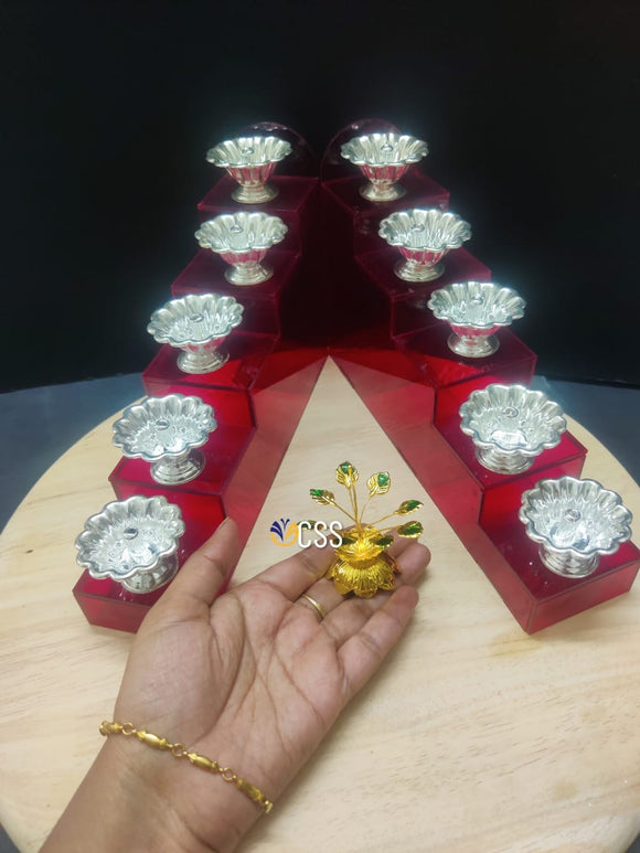 LALITA, RED ACRYLIC STEPS WITH  10 GERMAN SILVER DIYAS AND TULSI TREE -CRZ001RL