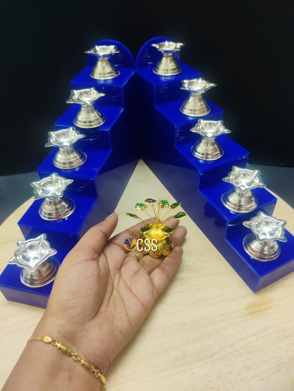 APARNA , BLUE ACRYLIC STEPS WITH  10 GERMAN SILVER DIYAS AND TULSI TREE -CRZ001BL