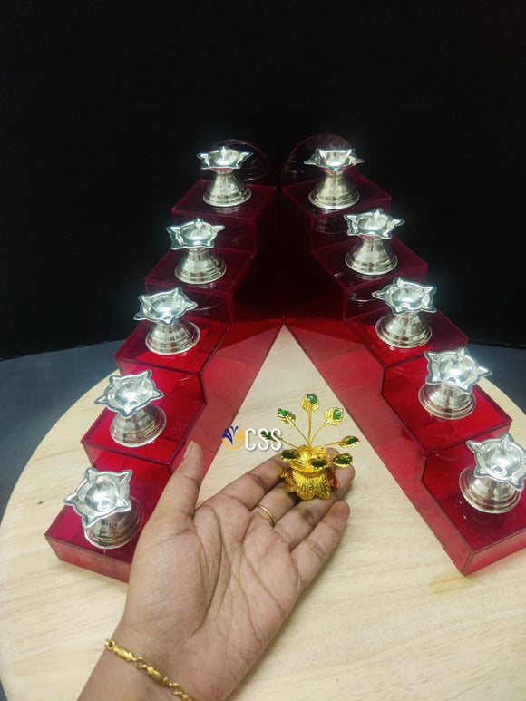 SRI LALITA, RED ACRYLIC STEPS WITH  10 GERMAN SILVER DIYAS AND TULSI TREE -CRZ001RLS