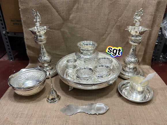 VIJAYATA, Full set impressive German silver washable pooja thali with fancy design Deepam -SILVI001PSA