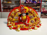 Yellow Beautiful heavy poshak in 3 piece style with separate choli and pearl patka  with latkan on both sides-POSH001YP
