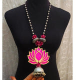 PADMA, ELEGANT LOTUS DESIGN OXIDISED SILVER FINISH NECKLACE -MOE001LP