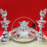 MAMTA, GERMAN SILVER TRAY WITH KALASH AND PEACOCK LAMPS-CZY001PS
