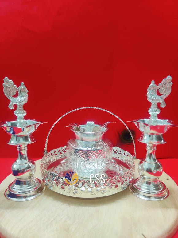 MAMTA, GERMAN SILVER TRAY WITH KALASH AND PEACOCK LAMPS-CZY001PS
