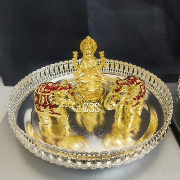AISWARYA LAKSHMI, GERMAN SILVER THALI WITH GOLD FINISH GODDESS LAKSHMI IDOL AND GOLDEN ELEPHANTS-CZY001GT