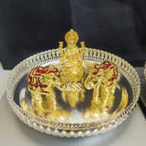 AISWARYA LAKSHMI, GERMAN SILVER THALI WITH GOLD FINISH GODDESS LAKSHMI IDOL AND GOLDEN ELEPHANTS-CZY001GT