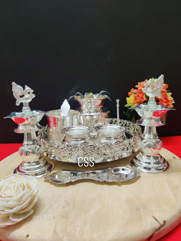 SHIVANGI, GERMAN SILVER POOJA THALI SET FOR PUJA PURPOSE-CZY001PTA