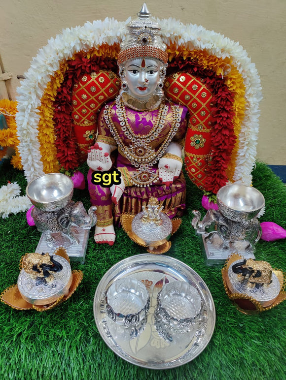 ALAKANANDA, ELEGANT VARAMAHALAKSHMI IDOL WITH ALALNKARAMS-SILVI001VHL