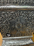 TULSIDEVI, ELEGANT ANTIQUE FINISH GERMAN SILVER TULSI POT WITH SHANK CHAKRA TIRUMALA NAMA AND LAKSHMI DESIGN-SILVA001TP