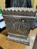 TULSIDEVI, ELEGANT ANTIQUE FINISH GERMAN SILVER TULSI POT WITH SHANK CHAKRA TIRUMALA NAMA AND LAKSHMI DESIGN-SILVA001TP