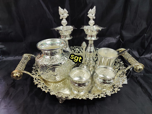 MAYALAKSHMI , ELEGANT SILVER PUJA THALI SET FOR FESTIVAL -SILVA001PS