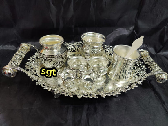DHANYA LAKSHMI , ELEGANT GERMAN SILVER PUJA THALI SET FOR FESTIVAL -SILVA001DL