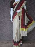 Jaya , Kerala Golden Tissue Saree with Printed Ajrakh Patch Border with 2 Blouse pieces-KIA001OSB