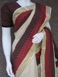 Jaya , Kerala Golden Tissue Saree with Printed Ajrakh Patch Border with 2 Blouse pieces-KIA001OSB