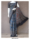 Hand Crafted Ajrakh Hand Block Printed Cotton Saree in Natural Color Dye  with Blouse Piece-KIA001ASA