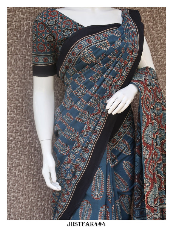Hand Crafted Ajrakh Hand Block Printed Cotton Saree in Natural Color Dye  with Blouse Piece-KIA001ASA