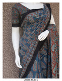 Hand Crafted Ajrakh Hand Block Printed Cotton Saree in Natural Color Dye  with Blouse Piece-KIA001ASA
