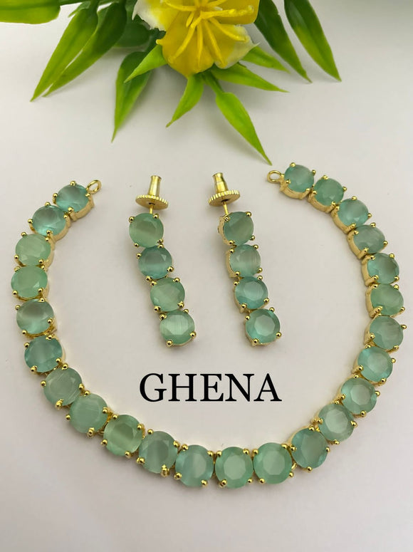 Sea green   Gloria , elegant stones necklace set for women -JAI001NSSG