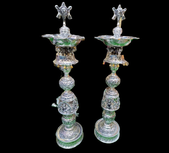 Shwetha , Pair of 2 antique German silver washable Astalakshmi Design special design Deepams-SILVI001SCLA