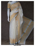 Yellow Bird, Aari Work and Block Print on Kerala Cotton Saree with Blouse-KIA001AWS