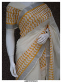 Yellow Bird, Aari Work and Block Print on Kerala Cotton Saree with Blouse-KIA001AWS