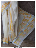 Yellow Bird, Aari Work and Block Print on Kerala Cotton Saree with Blouse-KIA001AWS
